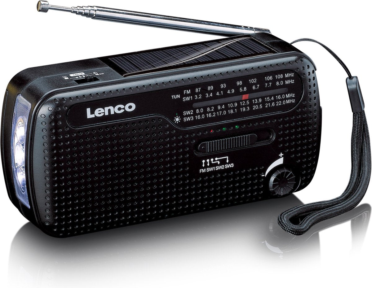 Lenco Noodradio - Draagbare opwindbare Radio - Radio op batterijen - Powerbank - Zaklamp - Noodpakket - MCR-113BK - Zwart