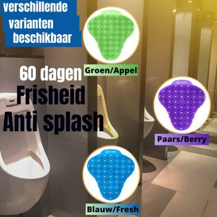 3 varianten van de urinoirrooster in 3 verschillende kleuren en geuren