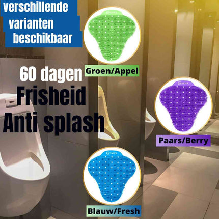 3 varianten van de urinoirrooster in 3 verschillende kleuren en geuren