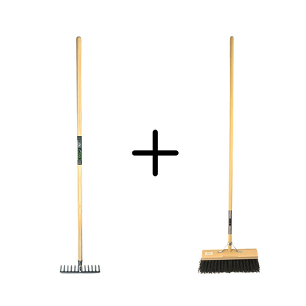 Synx Tools Tuinhark 8 Tanden verzinkt + Nylon Straatbezem Zwart 40 cm – Kunststof haren - Bodembewerkers - Onkruidverwijderaar – Schrobborstels – Hark met steel 150 cm – Buitenbezem met steel 150 cm