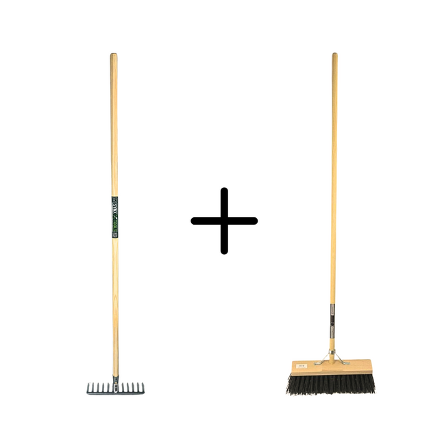 Synx Tools Tuinhark 8 Tanden verzinkt + Nylon Straatbezem Zwart 40 cm – Kunststof haren - Bodembewerkers - Onkruidverwijderaar – Schrobborstels – Hark met steel 150 cm – Buitenbezem met steel 150 cm