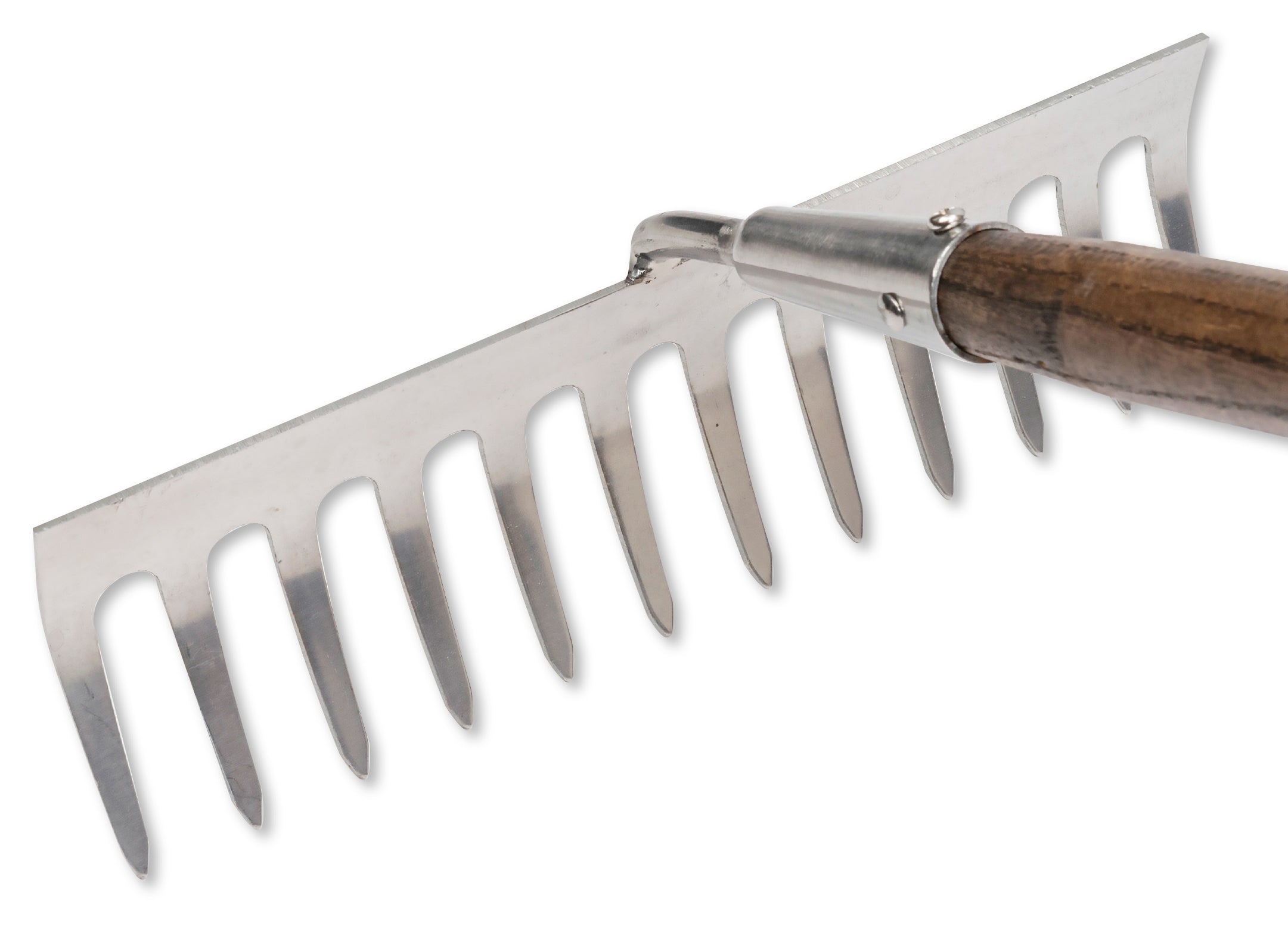 Detail van spiegelgepolijste RVS kop van Spear & Jackson grondhark