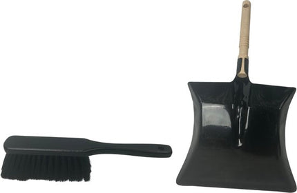 Stoffer en blik set zwart met houten handvat