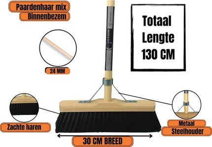 Zachte bezem en Stoffer en Blik met Lange Steel Schoonmaakset - 97cm - duster - Hout/Metaal - Paardenhaar Zaalveger (30 cm) met steel 120 cm - Combi set - Compleet Schoonmaakset voor Binnenruimtes