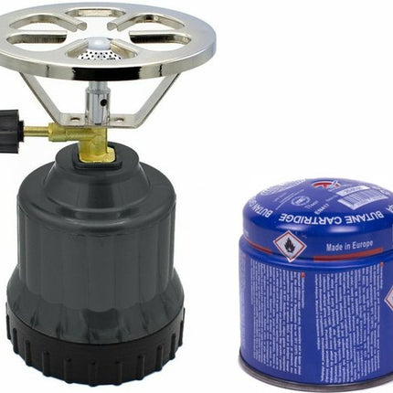 Camping kookstel - kunststof - donkergrijs - incl. gas navulling priktank - 190 gram
