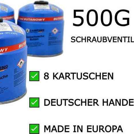 B tools 8x Gaskartusche 500g mit Schraubventil, Butangas, für Lötlampe und Lötbrenner, Ventilkartusche, Schraubventilkartusche