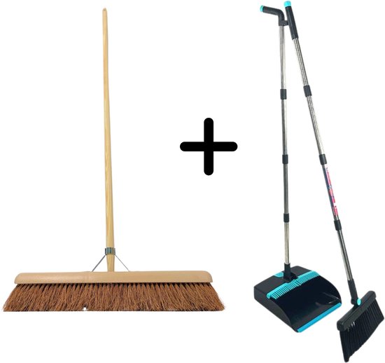 Synx Tools Cocos Binnenbezem 60cm & Stoffer en Blik Set – Zachte Bezem met Cocosharen en 150cm Steel – Verstelbare Stoffer & Blik Steel tot 121cm – Inclusief Schoonmaaktanden