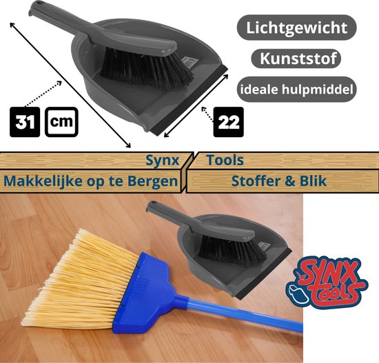 Synx Tools Stoffer en blik Grijs - Stoffer & blik - kunststof- veger en blik - Dustpan & Brush - Kunststof stoffer en blik 22 cm