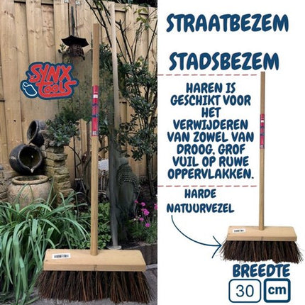 Synx Tools Citybesen 150cm &amp; Kehrschaufel- und Bürstenset – Harte Naturfasern – Straßenbesen &amp; Hotel-Kehrschaufel mit langem Stiel 95cm – Verschlussmodell