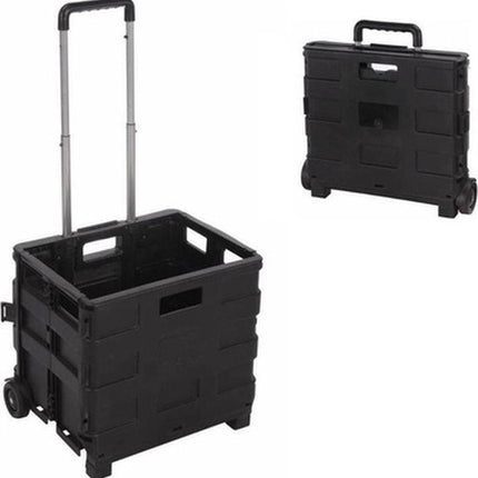 Opvouwbare zwarte boodschappentrolley met wielen en handgreep.