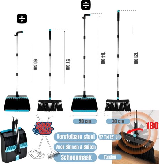 Ensemble balai en crin de cheval 30 cm et pelle et balayette Synx Tools – Balai souple avec manche de 150 cm – Manche de pelle et balayette réglable jusqu'à 121 cm – Dents de nettoyage incluses