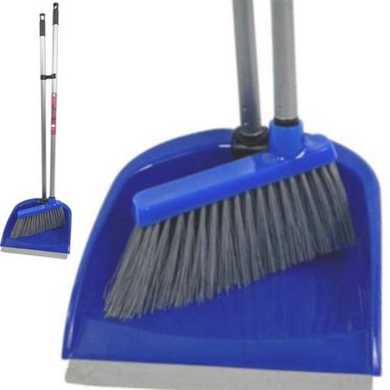 Blauwe stoffer en blik set met lange steel