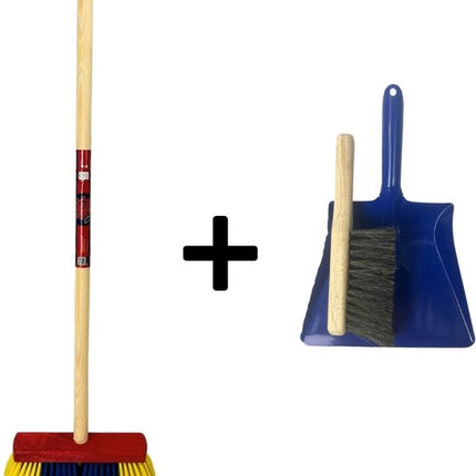 Synx Tools Kinderbezem Geel/blauw set 3 delig- Bezems - Buitenspeelgoed / Speelgoed - tuinierspeelgoed - Schepjes - Kinderen - Totale lengte 76cm