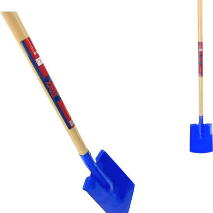 de voor- en zijkant van de blauwe Synx Tools kinderspade met houten steel