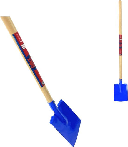de voor- en zijkant van de blauwe Synx Tools kinderspade met houten steel