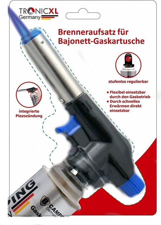 TronicXL Soldeerbrander + 2 cartridges, opzetstuk voor butaangas, gasbrander, gasaansteker, soldeerlamp met piëzo-ontsteking, bajonetaansluiting set