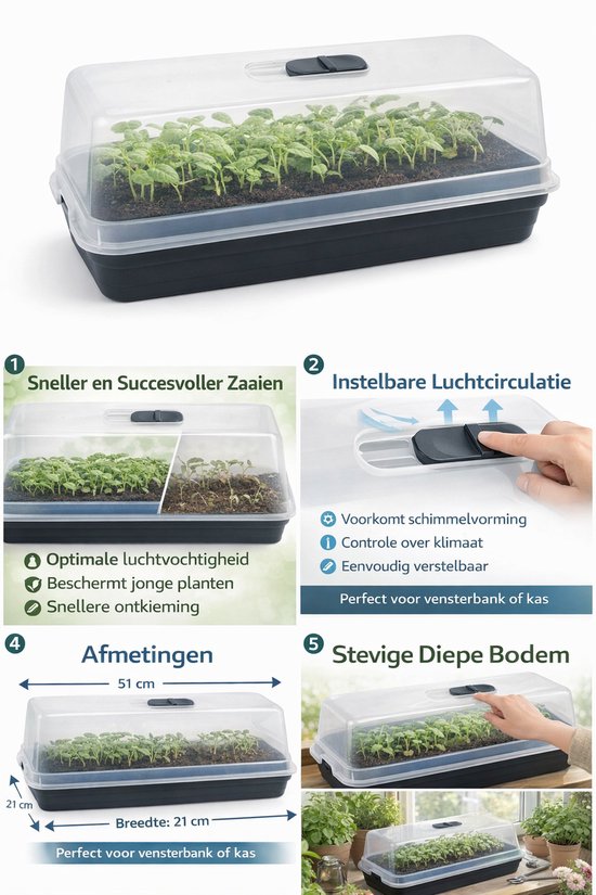 3 stuks Kweekbak met Deksel 51x21x18 cm Synx Tools – Propagator met Ventilatie - moestuinbak