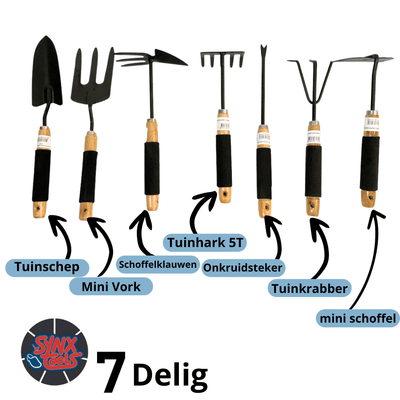 Synx Tools - Tuingereedschap Set 7-delig - Schep Hand - Mini Schoffel met Klauwen - Harkje Tuinier - Handgereedschap - Moestuinbenodigdheden
