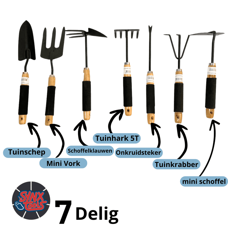 Synx Tools - Tuingereedschap Set 7-delig - Schep Hand - Mini Schoffel met Klauwen - Harkje Tuinier - Handgereedschap - Moestuinbenodigdheden