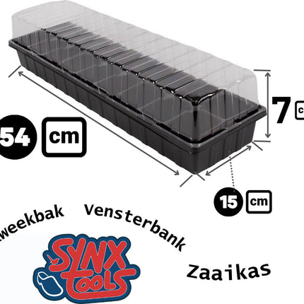 Synx Tools kweekbak met logo en afmetingen