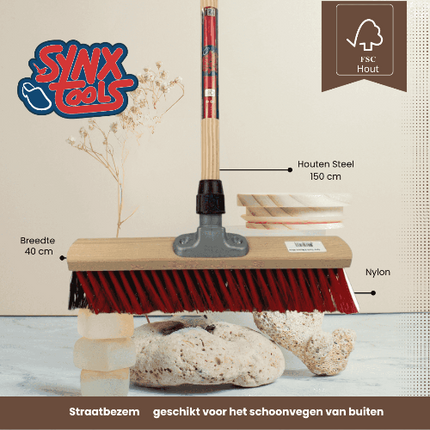 X bezem rood zwart met houten steel 150 cm