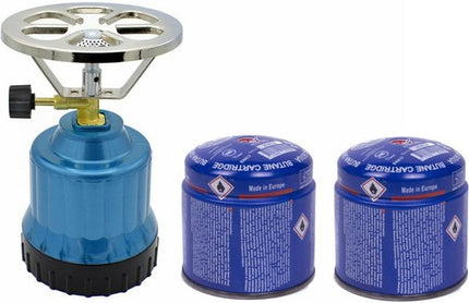 Blauw camping gasstel met handzaam ontwerp voor gebruik buiten met twee gas navullingen – Synx Store