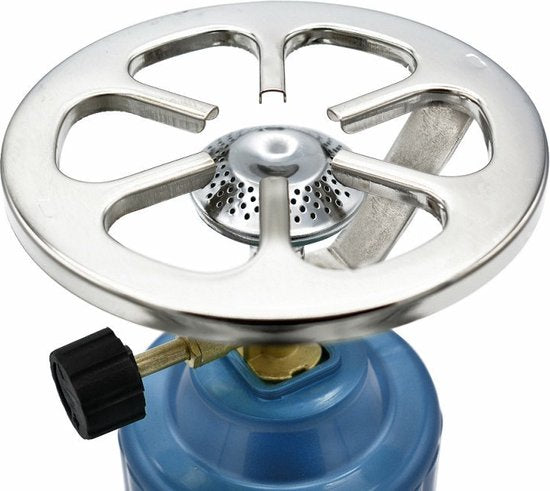 Close-up van blauwe camping kooktoestel brander