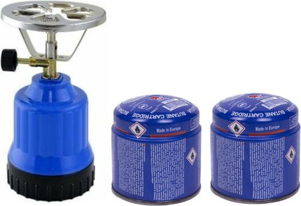 Blauw camping gasstel met handzaam ontwerp voor gebruik buiten met twee gas navullingen – Synx Store
