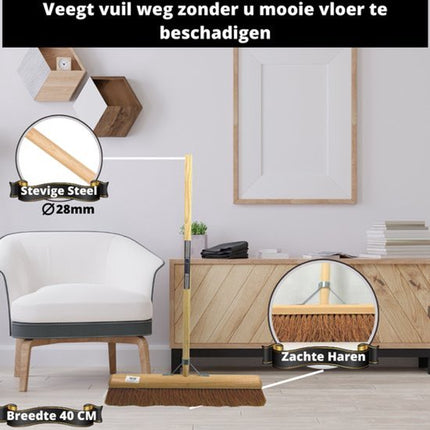 Synx Tools Coco Binnenbezem 40cm + Vloertrekker Kunststof 55cm met Steel 150cm - Zaalveger – Vloerreiniger – Natuurrubber – Zachte bezem kokos Met steel 160cm