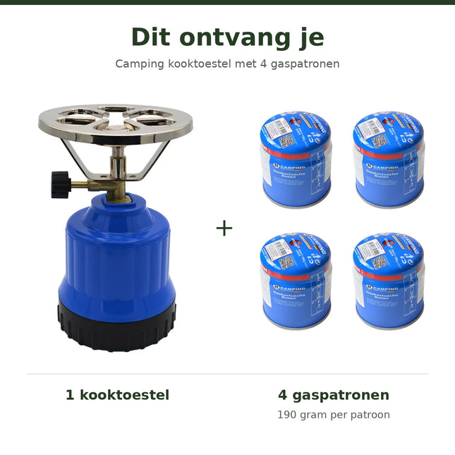 Eco Gaskooktoestel met 4 gaspatroon 190g kunststof, campingkooktoestel, gasfornuis, camping, butaangasbrander (kooktoestel