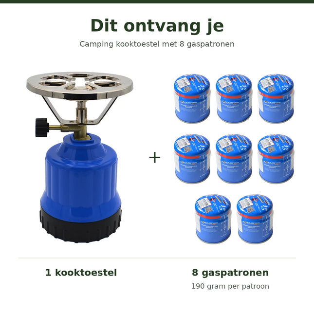 Eco Gaskooktoestel kunststof met 8 gaspatroon 190g campingkooktoestel, 1 gas pit, aluminium branders + 8 x cartridges gasfles butaan-set