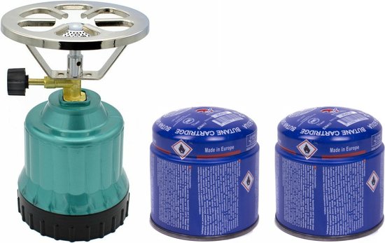 Groen camping gasstel met handzaam ontwerp voor gebruik buiten met twee gas navullingen – Synx Store