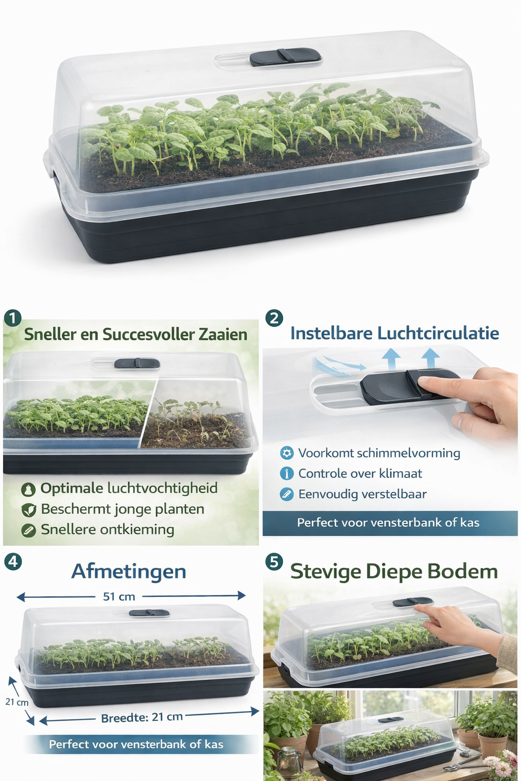Kweekbak set 2 stuks met zwarte tray en transparante kap voor zaailingen – Synx Tools