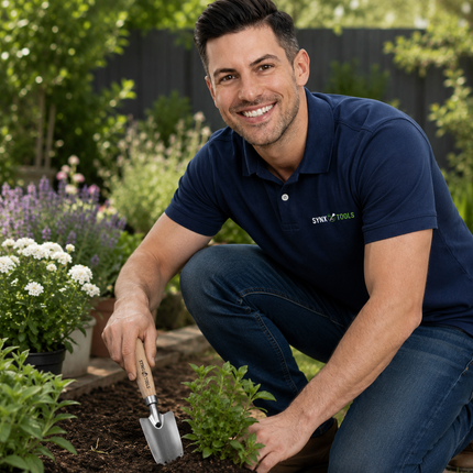 Man gebruikt een Synx Tools verplantschepje voor het verplanten van tuinplanten in een kleurrijke bloementuin.