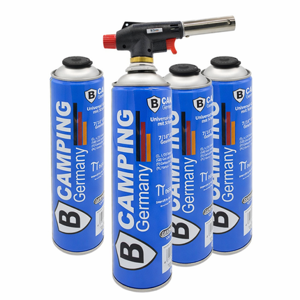 Gasbrander Opzetstuk met 4x Butaan Gascartouche 330g – 7/16” EU Schroefventiel – 1300°C – Piezo Ontsteking