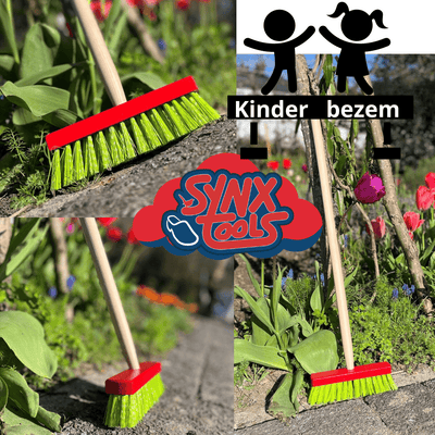 kinderbezem rood met groen nylon haren