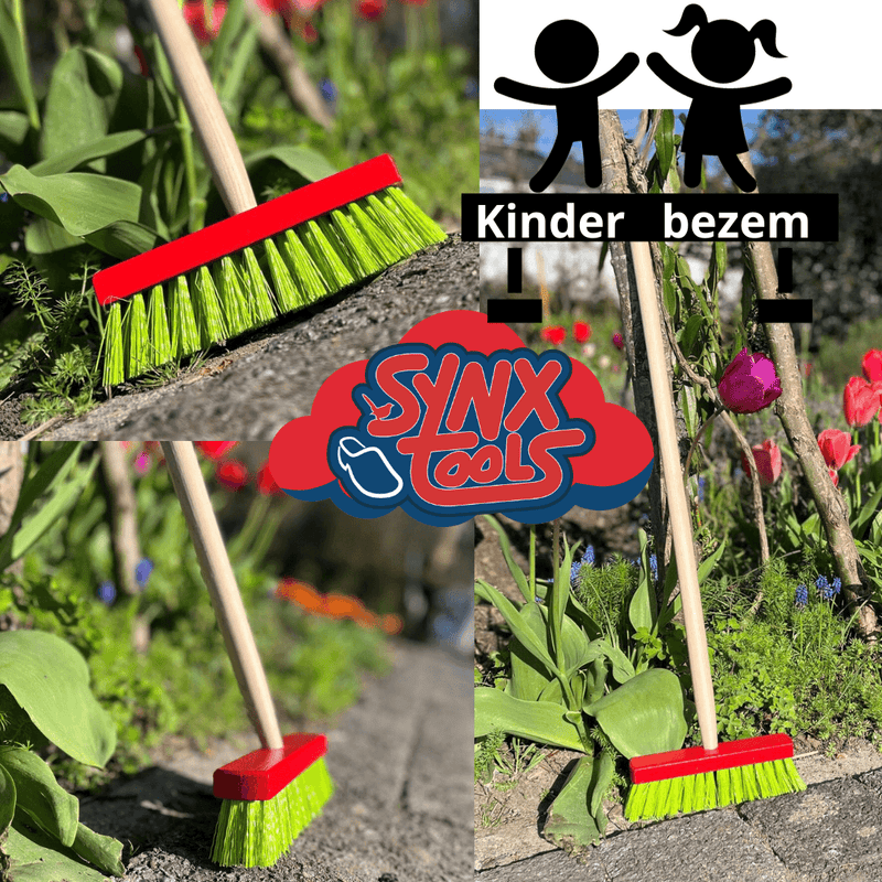 kinderbezem rood met groen nylon haren