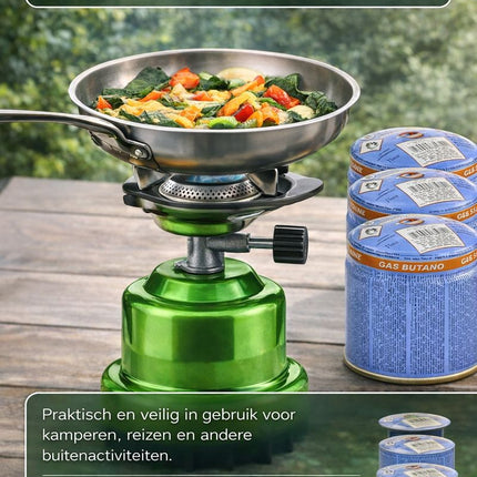 Campingkooktoestel groen met 4 gaspatronen