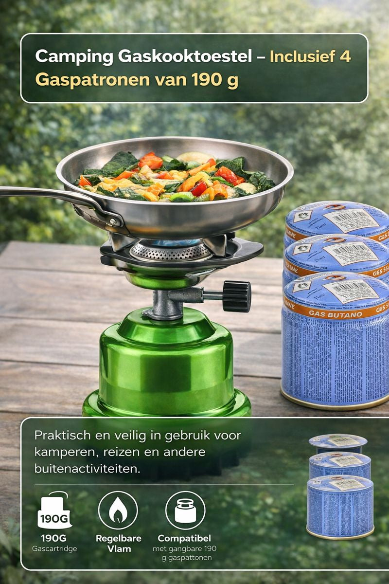Campingkooktoestel groen met 4 gaspatronen
