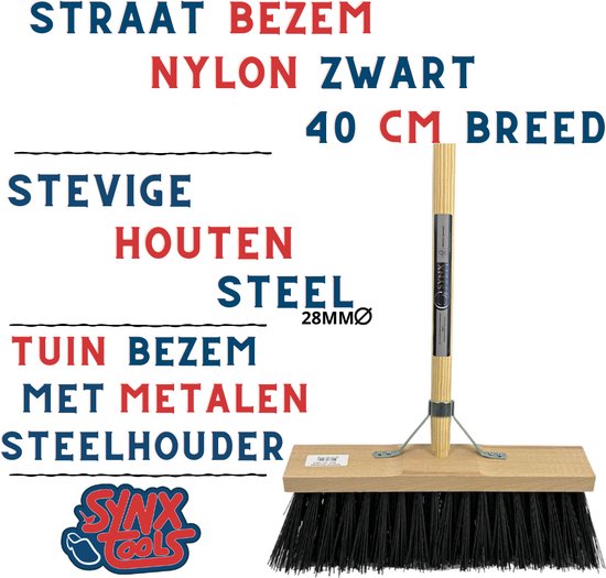 Synx Tools Tuinhark 8 Tanden verzinkt + Nylon Straatbezem Zwart 40 cm – Kunststof haren - Bodembewerkers - Onkruidverwijderaar – Schrobborstels – Hark met steel 150 cm – Buitenbezem met steel 150 cm