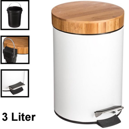 Poubelle compacte à pédale 3L Blanc mat avec couvercle en bambou