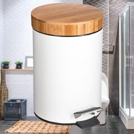 Poubelle compacte à pédale 3L Blanc mat avec couvercle en bambou