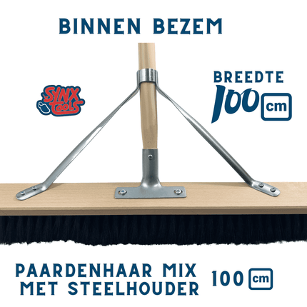 Synx Tools Zaalveger 100cm Paardenhaar - Zachte bezem - bezems - Met Steel 150cm