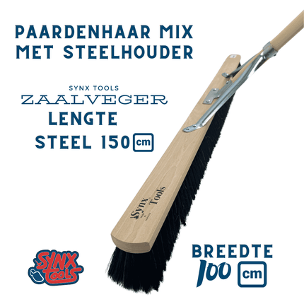 Synx Tools Zaalveger 100cm Paardenhaar - Zachte bezem - bezems - Met Steel 150cm