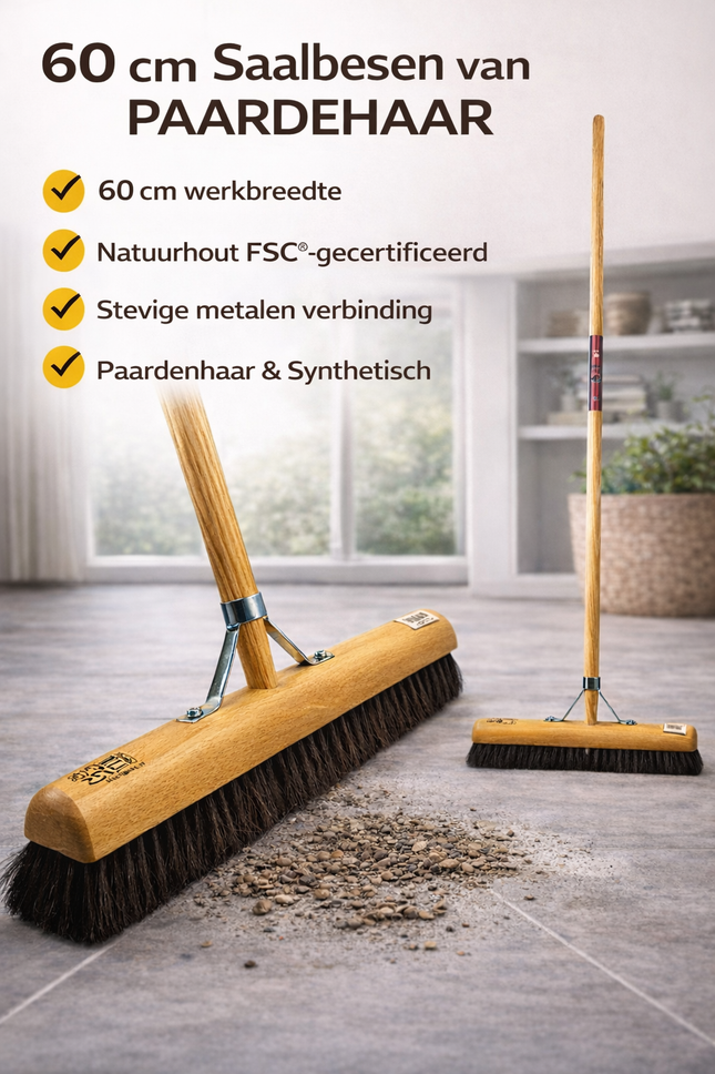Synx Tools Balai d'intérieur pour balayeuse 60 cm Crin de cheval - balais - Balai de pièce - Balai doux avec manche 150 cm - Manche à balai - Balayeuse de nettoyage - Balais d'intérieur - Balai doux