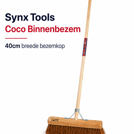 Synx Tools bezem Coco BinnenBezem 40 cm - Zachte bezems - Bezems - Bezem - Zaalveger - kokos - Bezemsteel - Besem Veger - met houten steel 150cm
