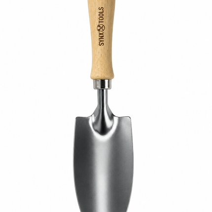 Compact verplantschepje van Synx Tools met stevig houten handvat en smal verzinkt stalen werkblad voor tuin- en plantverzorging