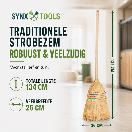 Synx Tools mixstrobezem en strobezem met houten steel van 134 cm, 26 cm brede stalbezem voor hooi en stro