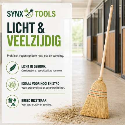 Synx Tools mixstrobezem en strobezem met houten steel van 134 cm, 26 cm brede stalbezem voor hooi en stro