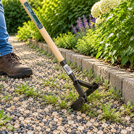 Synx Tools onkruidschoffel met lange houten steel en zwarte metalen snijbeugel.